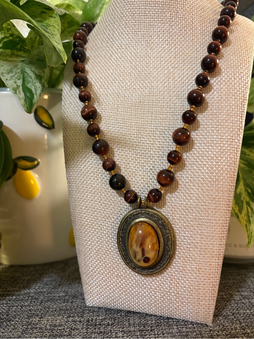 Brown Glass Beaded Pendant Necklace with Agate Stone - Handmade